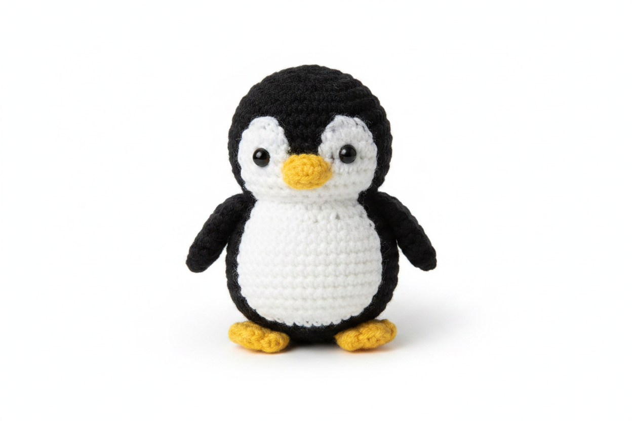 Crocheted penguin stuffed animal on white background