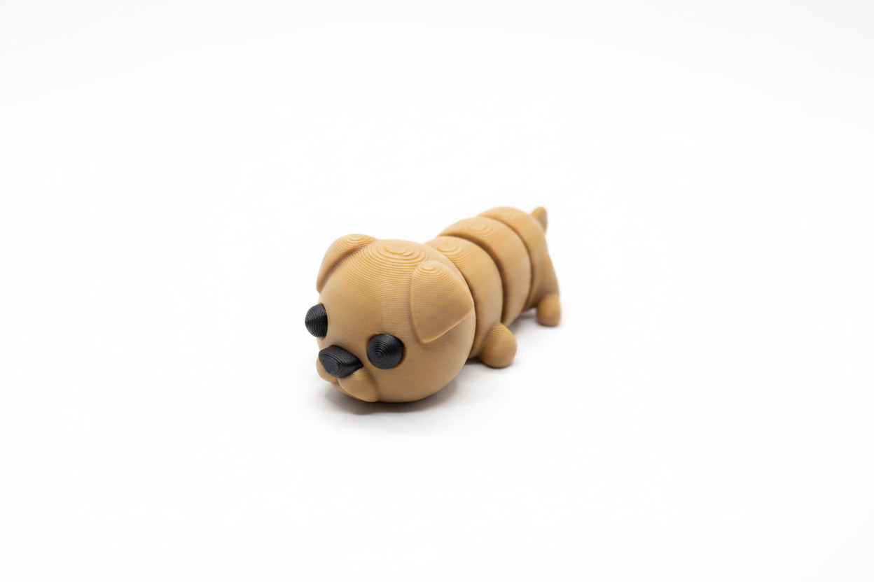 Articulated baby dog 3D printed figurine in tan on white background