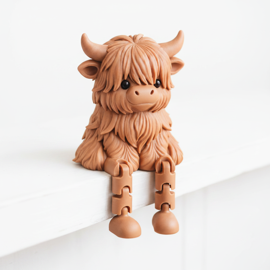 Cute 3D printed articulated highland cow figurine with fluffy fur and dangling legs on white background