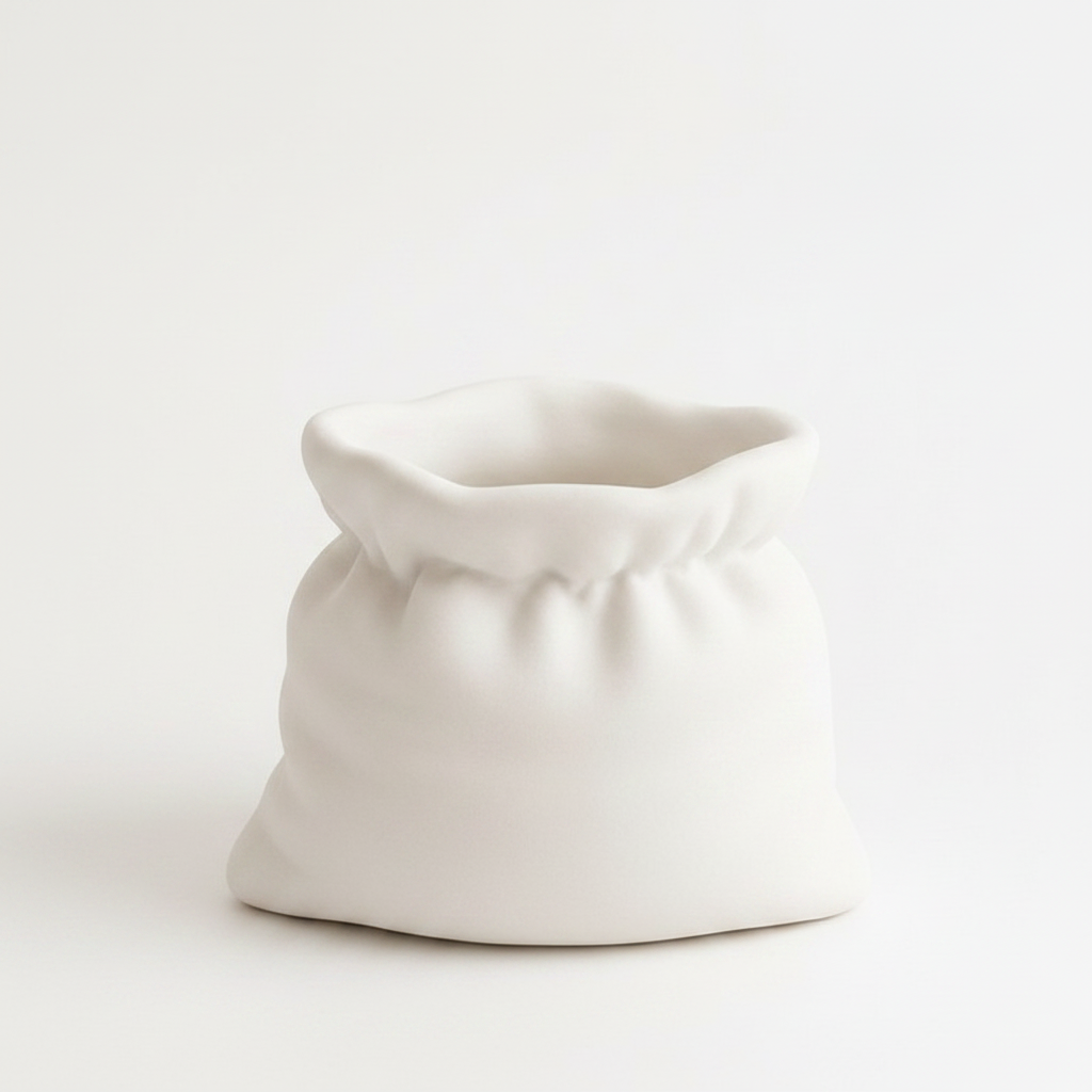 White bag shaped planter pot on white background, empty, no plants