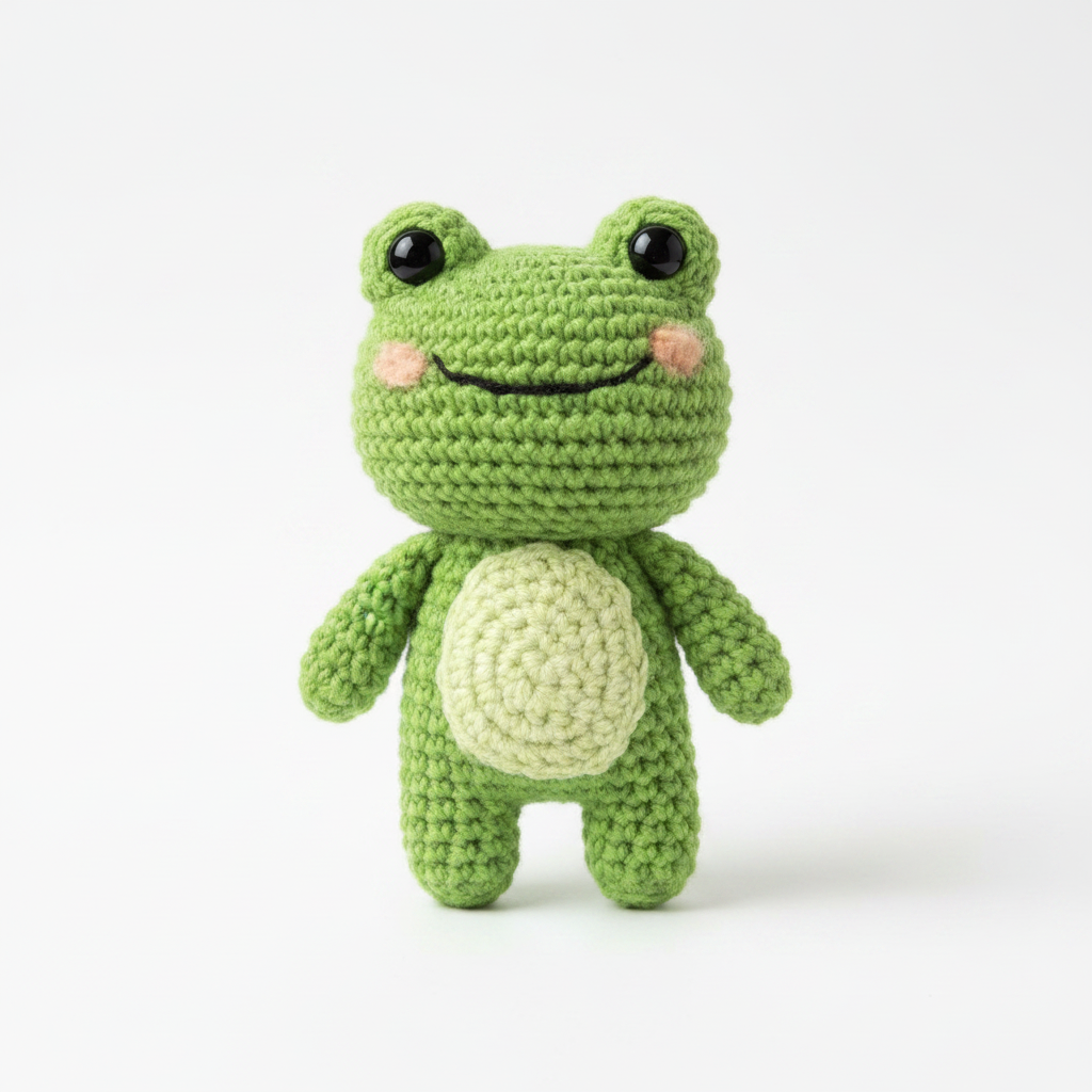 Crocheted green frog stuffed animal on white background