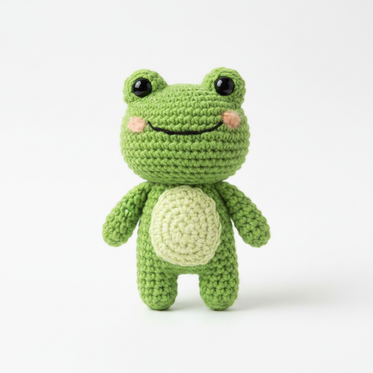 Crocheted green frog stuffed animal on white background