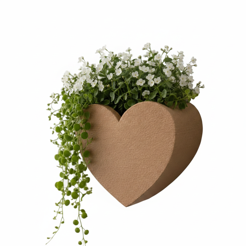 Tan heart shaped wall planter with trailing green plants and white flowers on white background