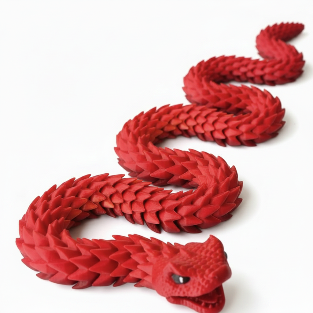 Red articulated dragon figurine on white background
