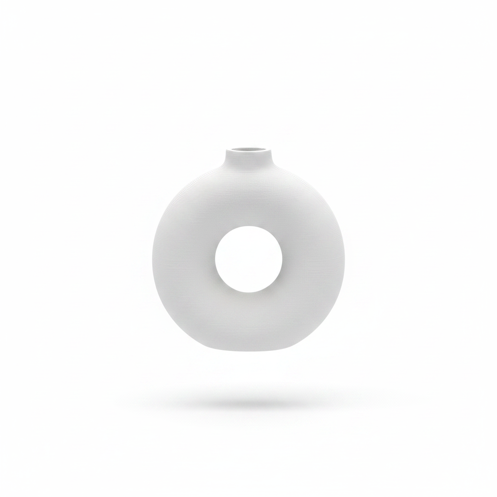 Single white donut circle vase on white background, no plants