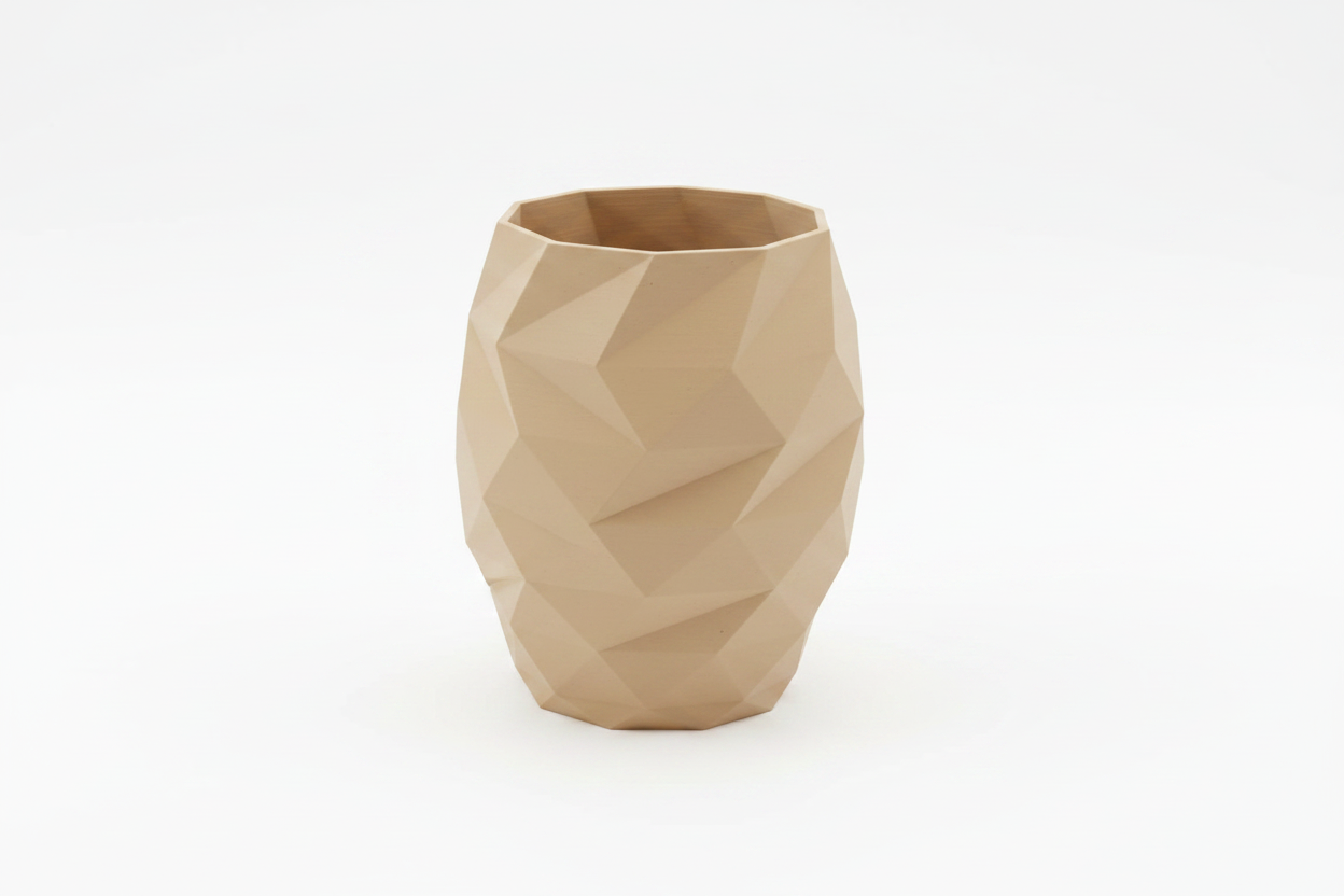 3D Printed Geometric Faceted Vase in tan on white background