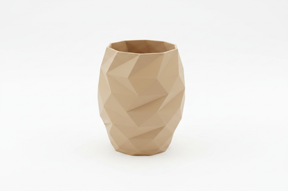 3D Printed Geometric Faceted Vase in tan on white background