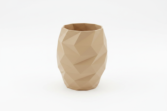 3D Printed Geometric Faceted Vase in tan on white background