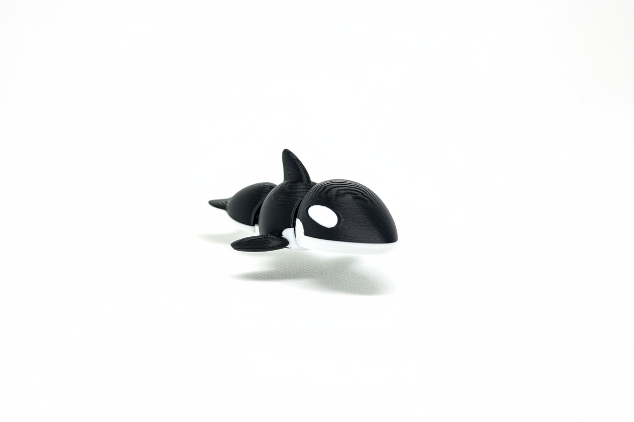 3D printed baby orca figurine on white background
