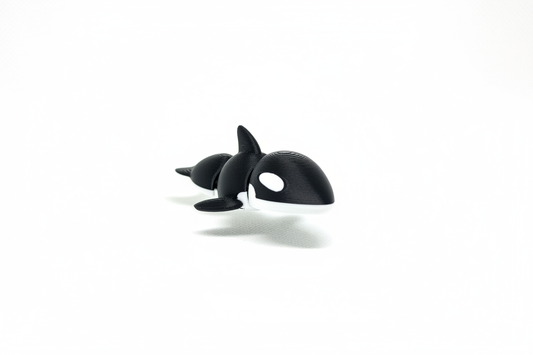 3D printed baby orca figurine on white background