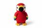 Crocheted red parrot stuffed animal on white background