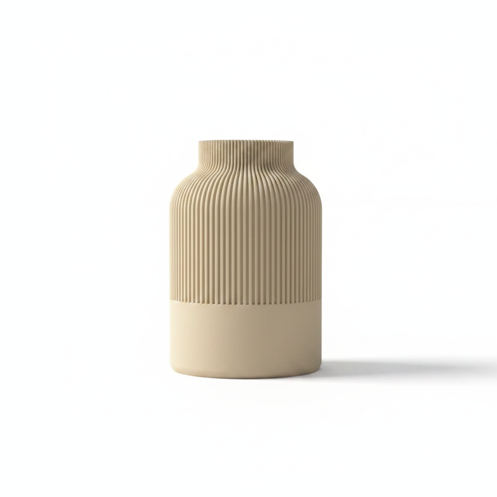 3D printed ribbed tan vase on white background