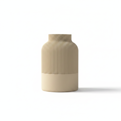 3D printed ribbed tan vase on white background