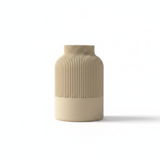 3D printed ribbed tan vase on white background