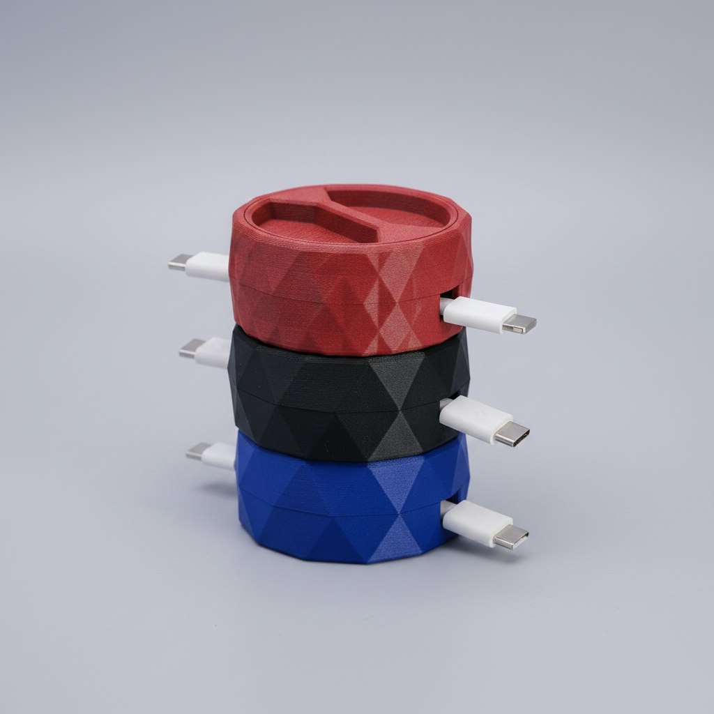 Three stacked 3D printed geometric cable organizer boxes in red, black, and navy blue with charging cables