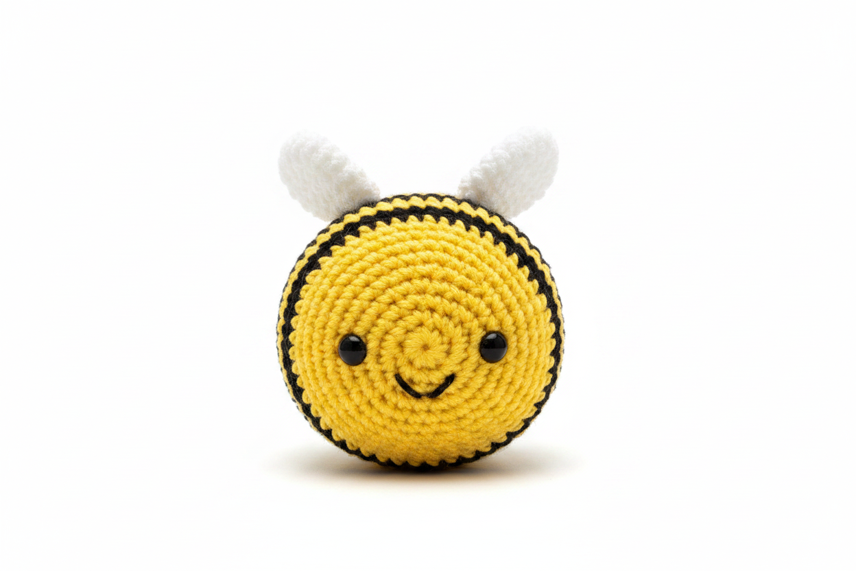 Crocheted bee stuffed animal on white background
