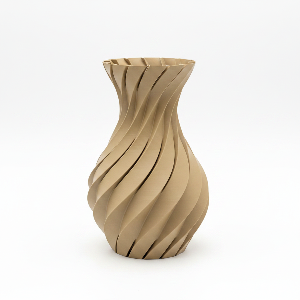 3D printed spiral twist vase in tan on white background