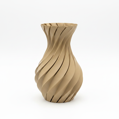 3D printed spiral twist vase in tan on white background
