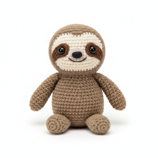Crocheted sloth stuffed animal on white background