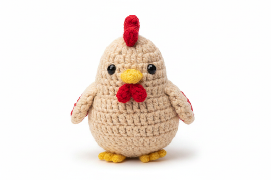 Crocheted chicken stuffed animal on white background