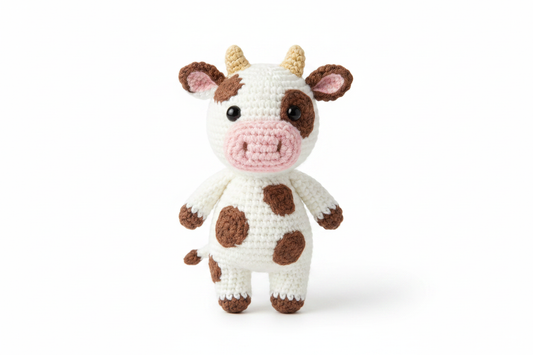 Crocheted cow stuffed animal on white background