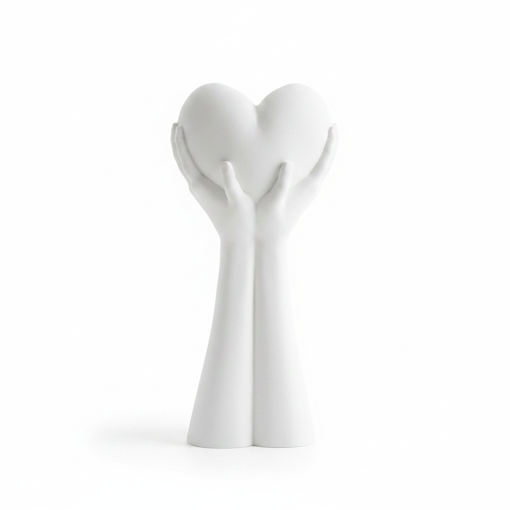 White 3D printed hands holding a heart sculpture on white background