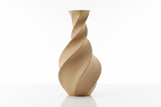 3D Printed Twisted Spiral Vase in tan on white background