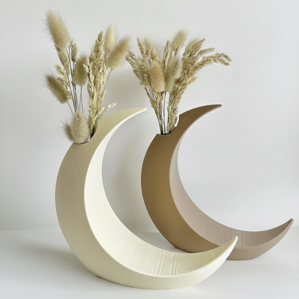 Two crescent moon vases on white background, one cream and one tan, with dried pampas grass