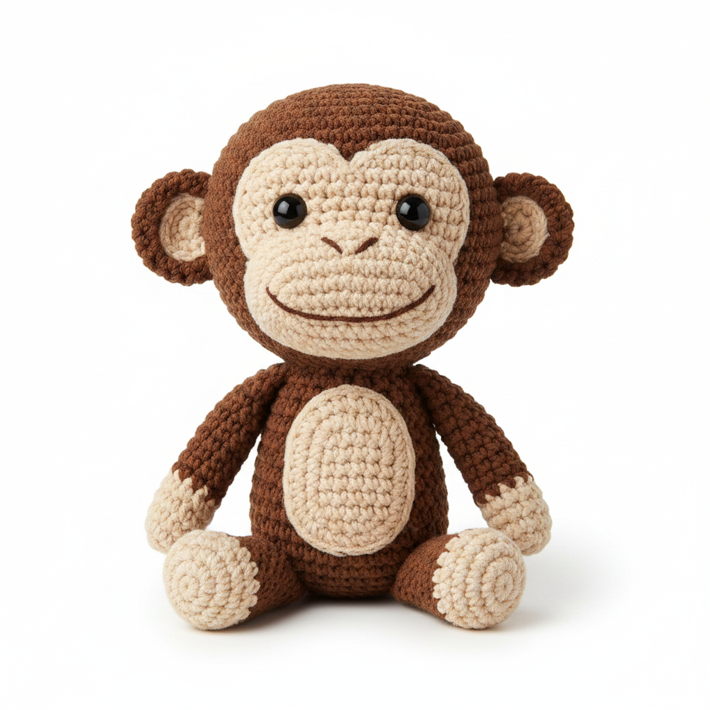 Crocheted monkey stuffed animal on white background