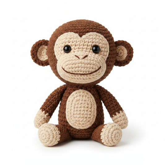 Crocheted monkey stuffed animal on white background