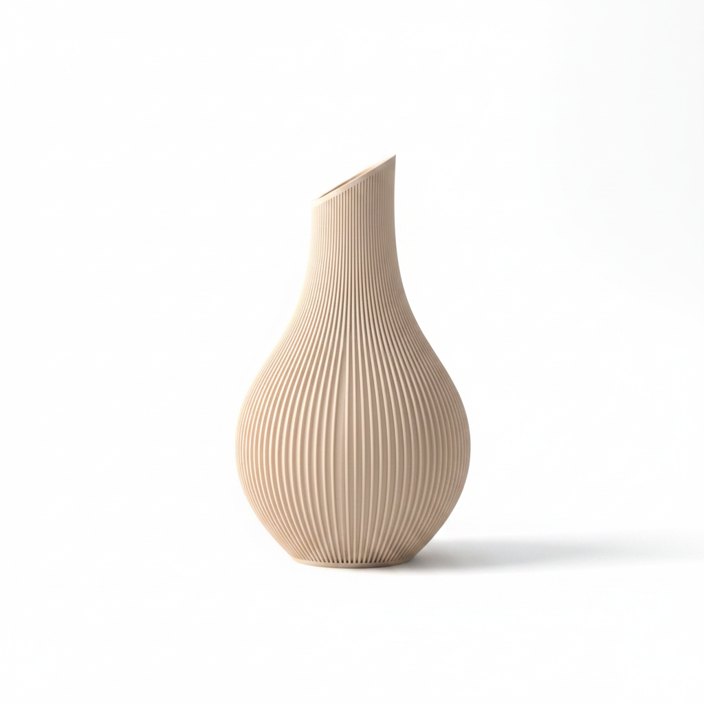 3D printed ribbed vase in tan color on white background