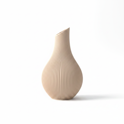 3D printed ribbed vase in tan color on white background